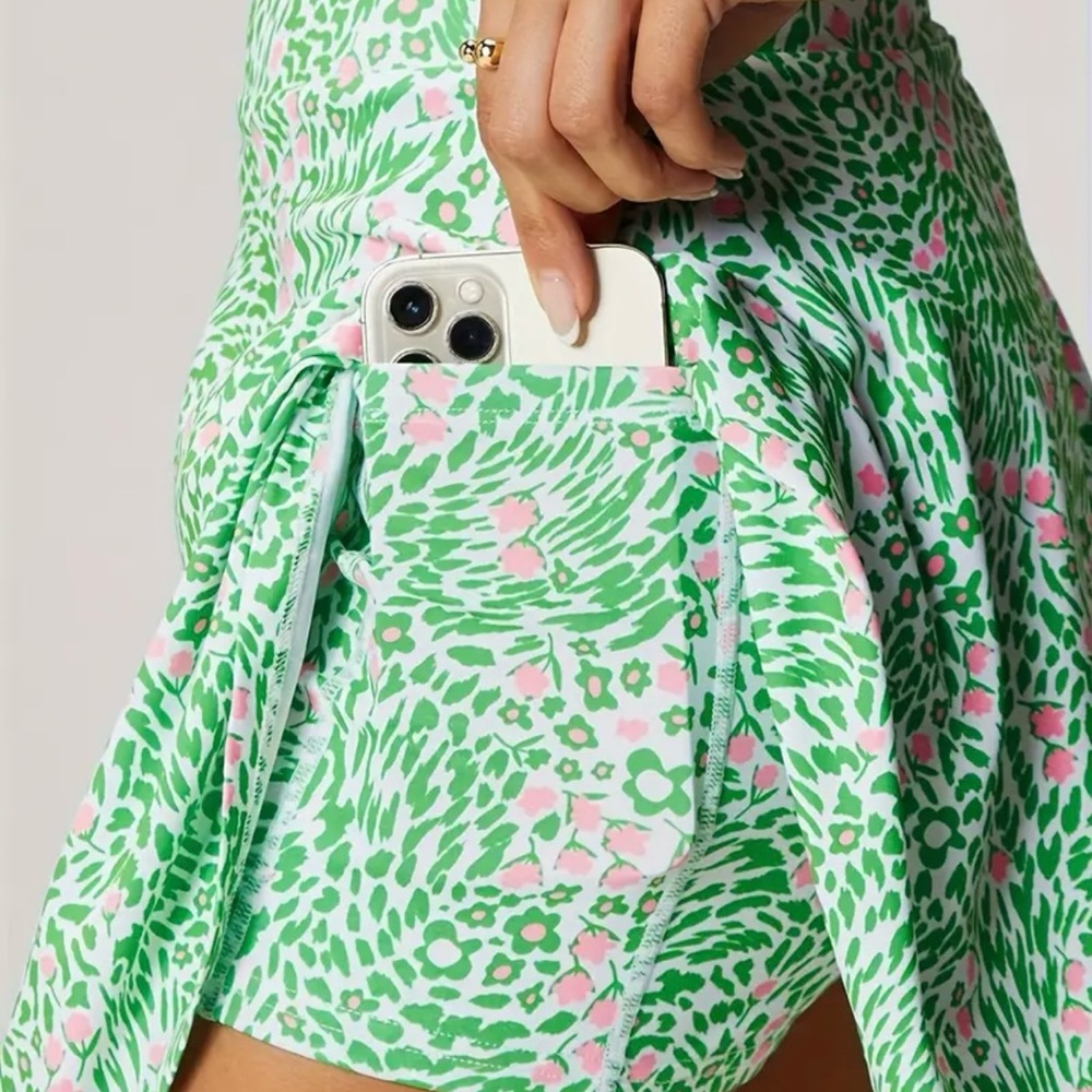 Green & Pink Floral Skort with Phone Pocket